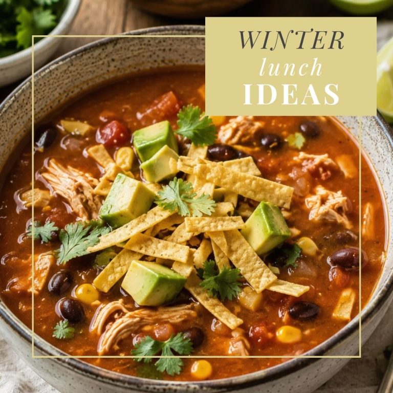 Winter lunch ideas featuring a warm bowl of chicken tortilla soup topped with avocado, tortilla strips and cilantro.