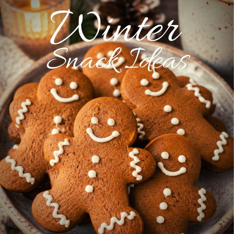 Winter snack ideas featuring homemade gingerbread cookies decorated with simple white icing.