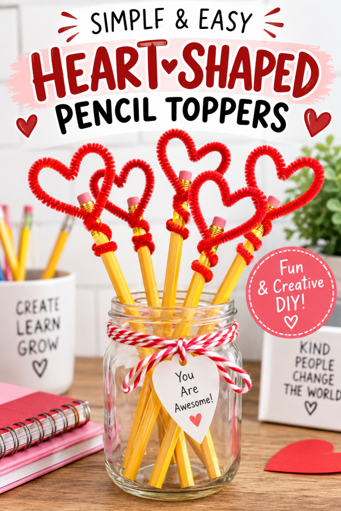 Heart shaped pipe cleaner pencil toppers for an easy Valentine craft