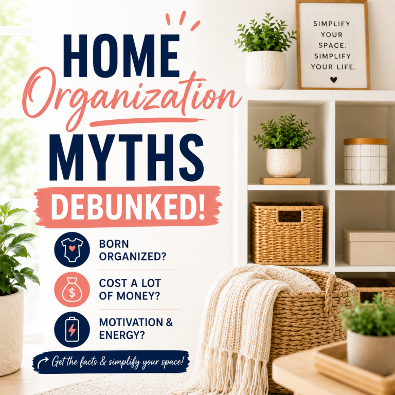 Square graphic featuring a bright, organized living room with white cube shelves, woven storage baskets, potted plants, and a cozy blanket basket. Bold text reads "Home Organization Myths Debunked" alongside icons highlighting three common myths about being born organized, organization costing too much, and needing motivation and energy.