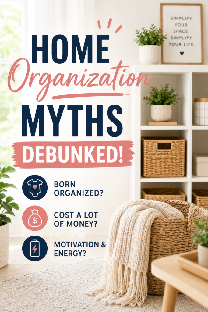A bright, organized living room with white cube shelving, woven storage baskets, potted plants, and a cozy blanket basket. Large text reads "Home Organization Myths Debunked" with icons highlighting myths about being born organized, organization costing too much, and needing motivation and energy.