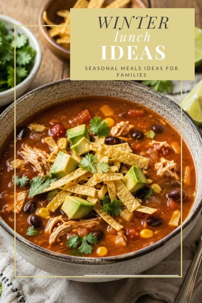 Cozy winter lunch featuring homemade chicken tortilla soup with avocado, black beans, corn and tortilla strips.