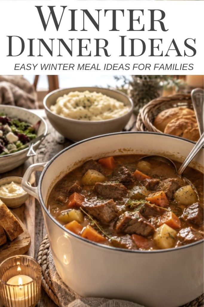 Cozy winter dinner ideas featuring homemade beef stew with vegetables, mashed potatoes and bread.