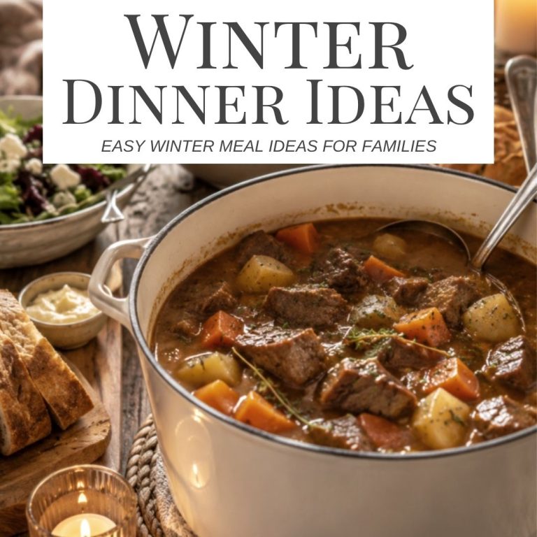 Easy winter dinner ideas for families featuring a hearty beef stew with potatoes and carrots.