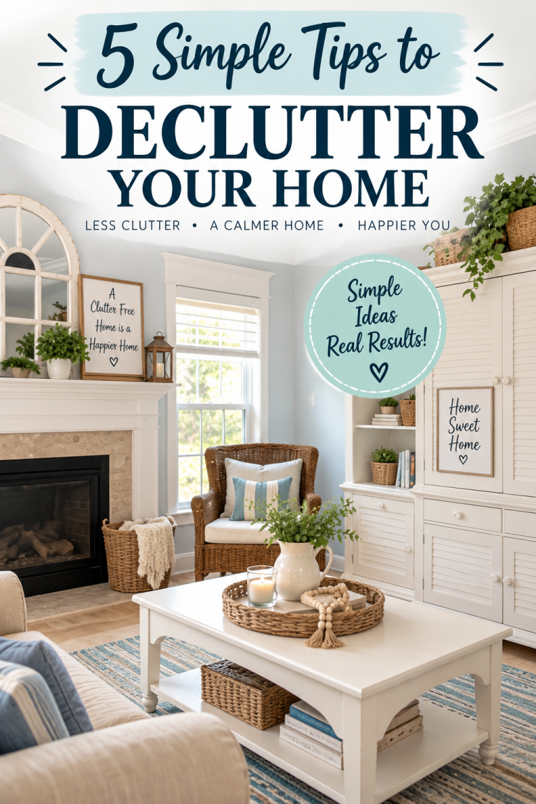 Organized living room featuring five simple tips to declutter your home