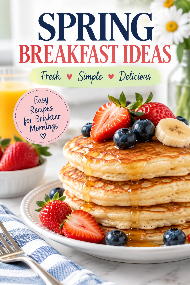 Easy spring breakfast ideas featuring fluffy pancakes topped with strawberries, blueberries and bananas