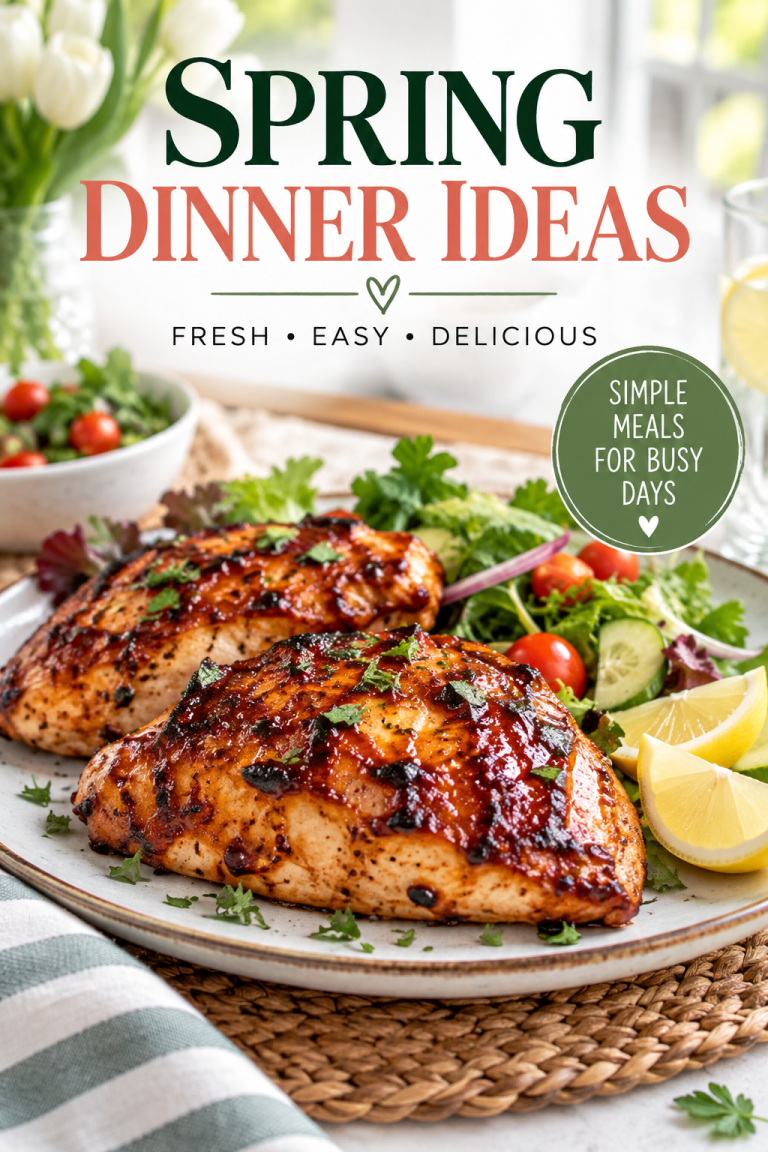 Easy spring dinner ideas featuring grilled chicken with fresh salad and lemon