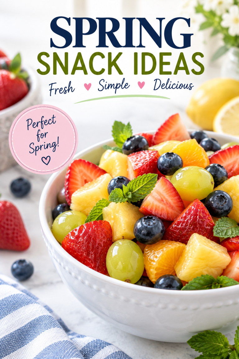 Easy spring snack ideas featuring a fresh fruit salad with strawberries, blueberries, grapes and pineapple