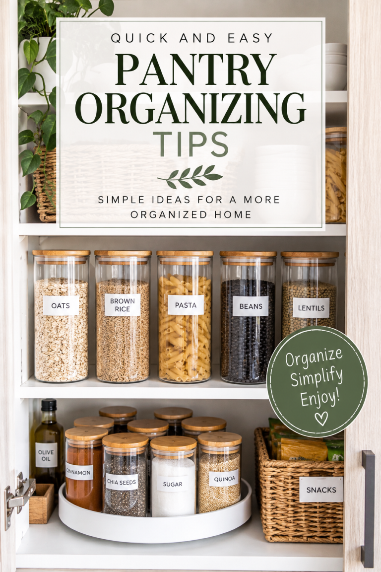 Quick and easy pantry organizing tips with labeled food storage containers and baskets