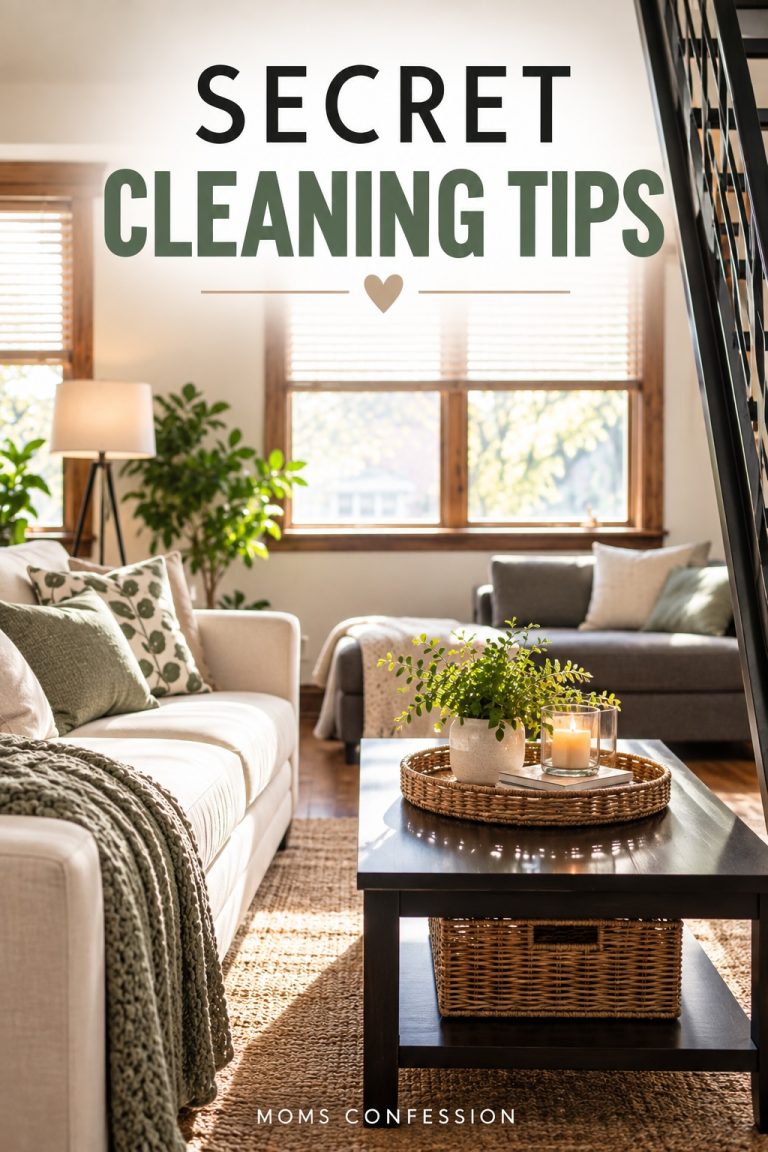 Secret cleaning tips for keeping your home clean and organized, featuring a bright and tidy living room.