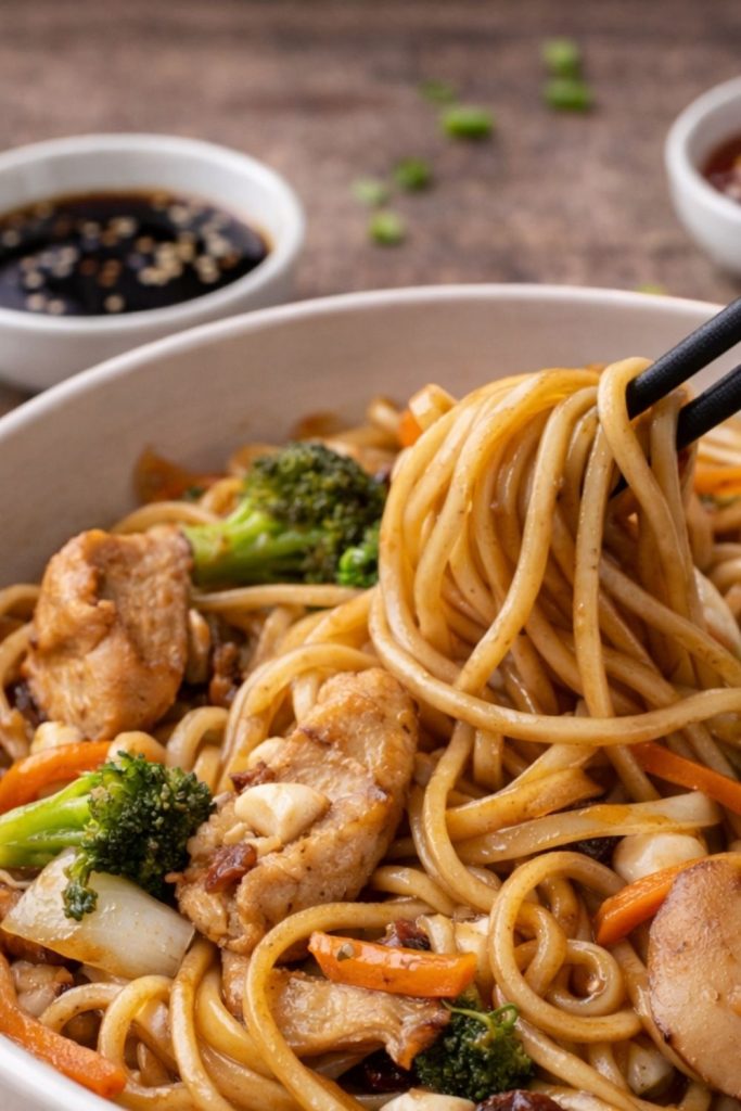 Close-up of chicken lo mein with chopsticks lifting noodles, mixed with sliced chicken, broccoli, carrots, mushrooms, and onions, with small bowls of sauce in the background.