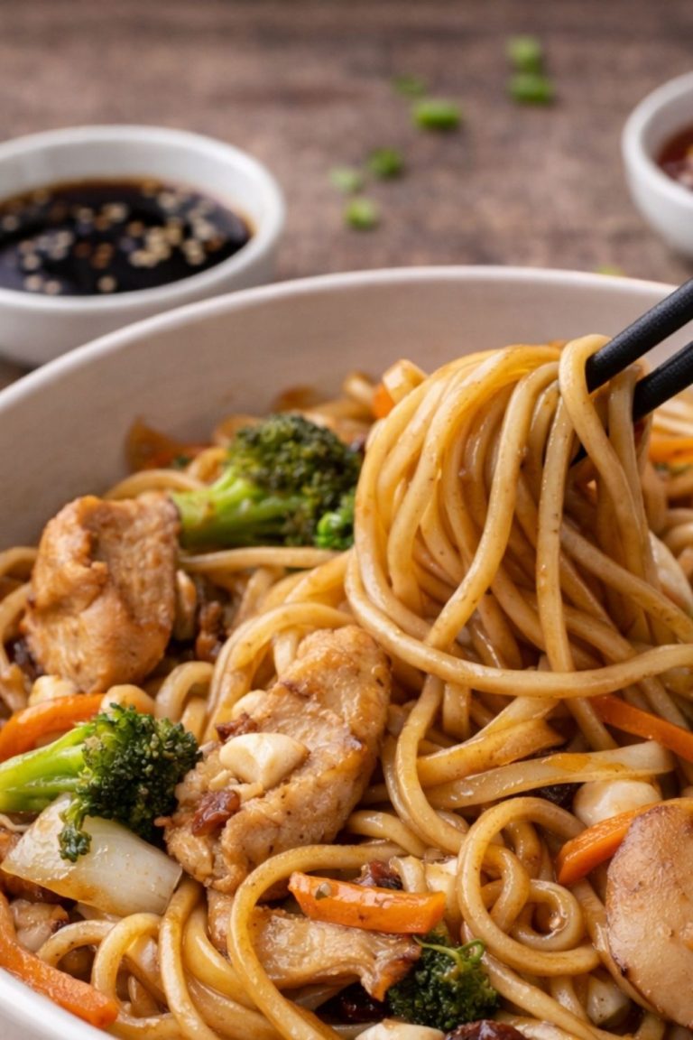 Close-up of chicken lo mein with chopsticks lifting noodles, mixed with sliced chicken, broccoli, carrots, mushrooms, and onions, with small bowls of sauce in the background.
