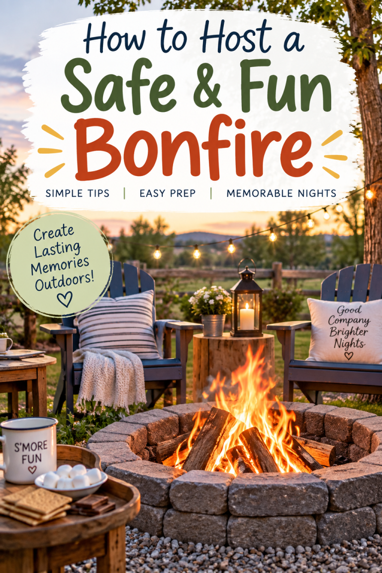 Backyard bonfire with seating, string lights and s'mores for a safe and fun outdoor gathering