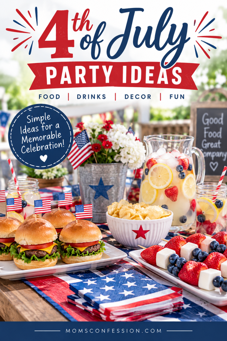Easy 4th of July party ideas with patriotic food, drinks and red white and blue decorations