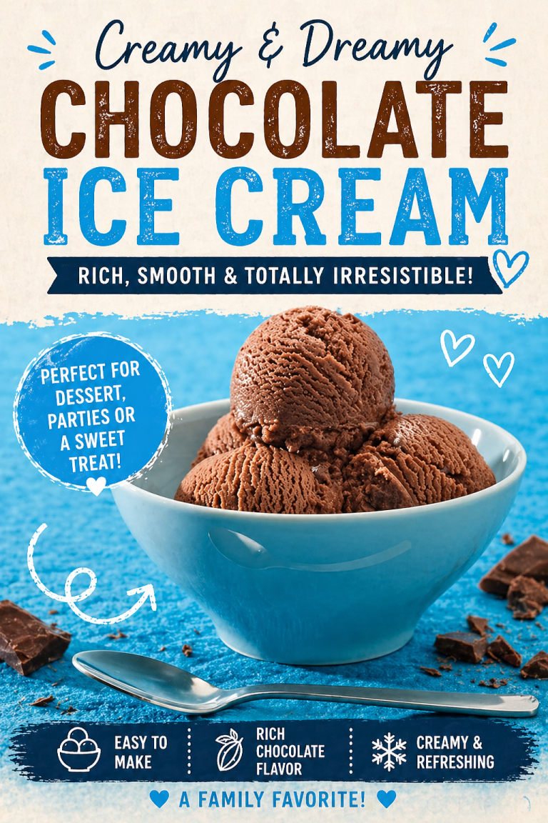 Creamy homemade chocolate ice cream served in a bowl with three scoops and chocolate pieces.