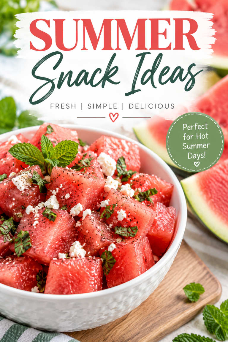 Easy summer snack ideas featuring a fresh watermelon salad with cheese and mint