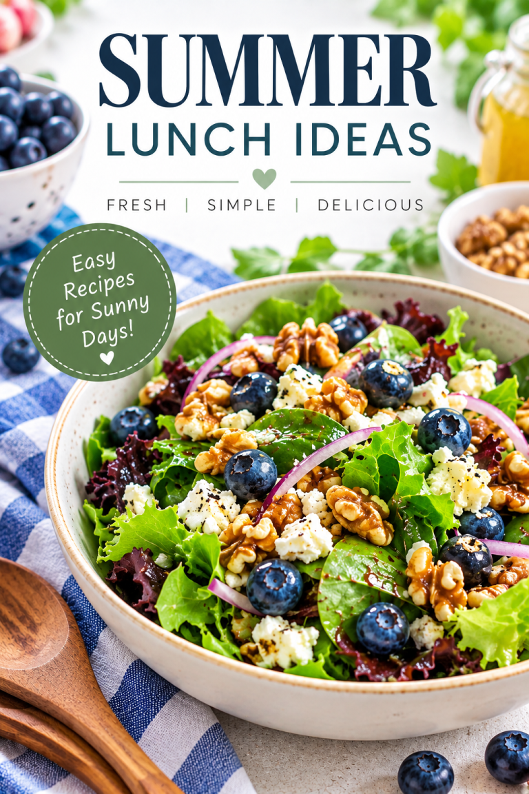 Easy summer lunch ideas featuring a fresh blueberry walnut salad with greens and cheese