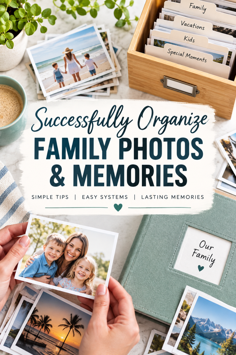 Tips for organizing family photos and memories using labeled storage, photo albums and printed pictures