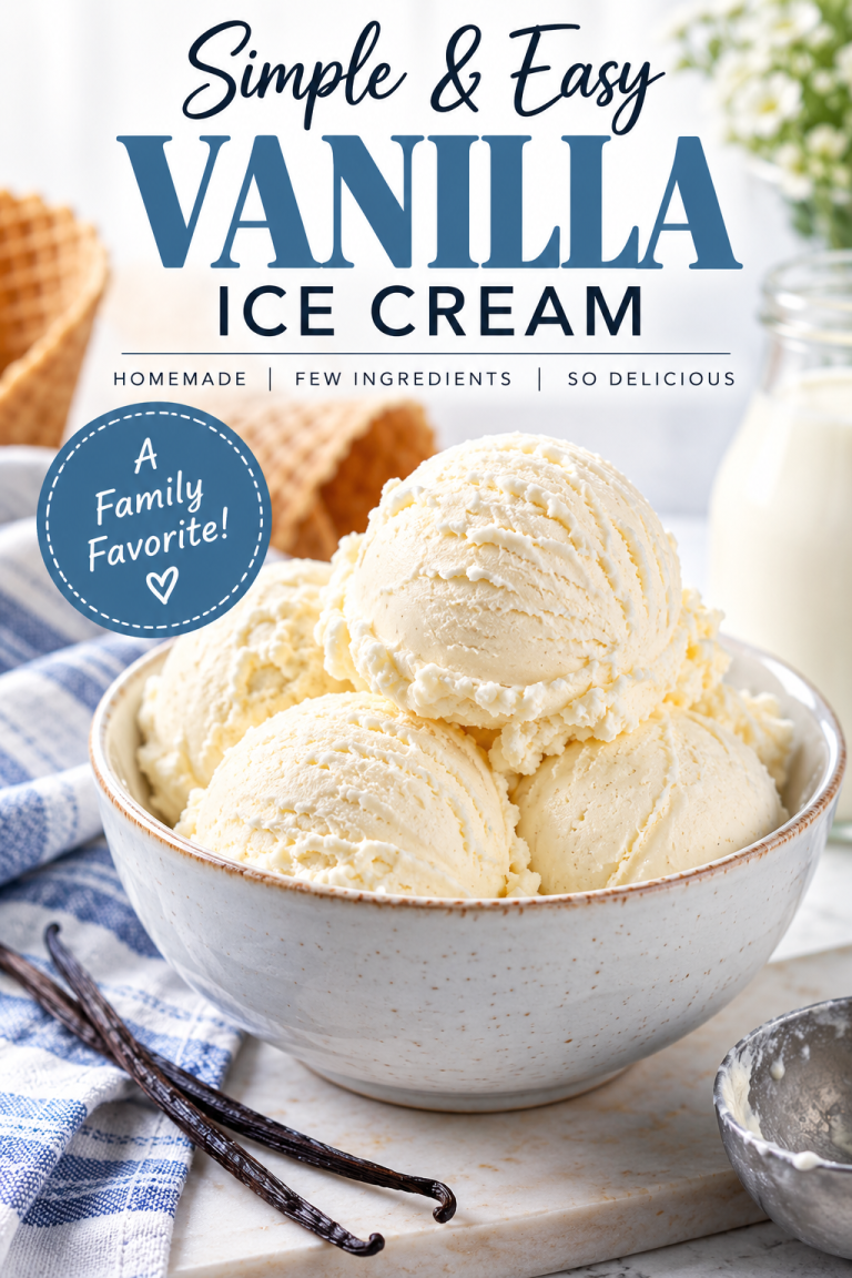 Simple homemade vanilla ice cream with creamy scoops, vanilla beans and waffle cones