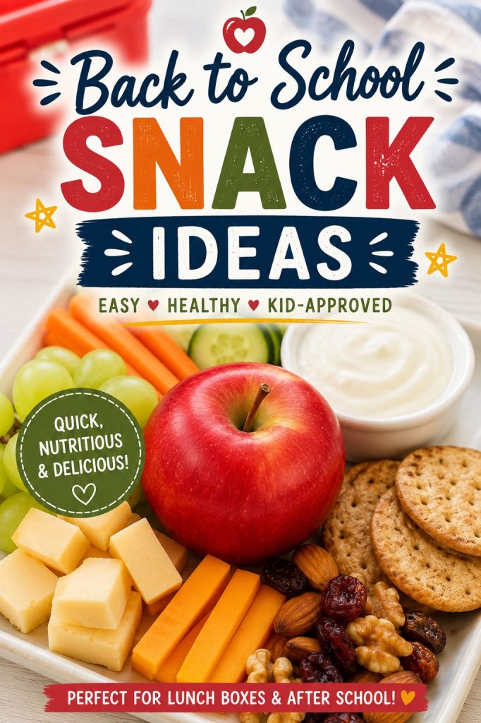 These simple back to school snack ideas will help make sure the kids are refueling their minds after a long day with simple staples for them to grab & go. Apples, grapes, cheese, carrots, crackers, nuts and yogurt featuring easy back to school snack ideas for kids.