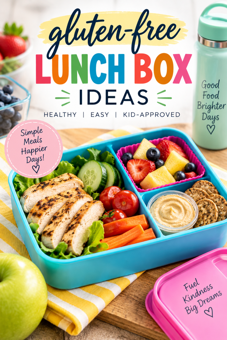 Gluten free lunch box ideas with grilled chicken, fresh fruit, vegetables, hummus and crackers