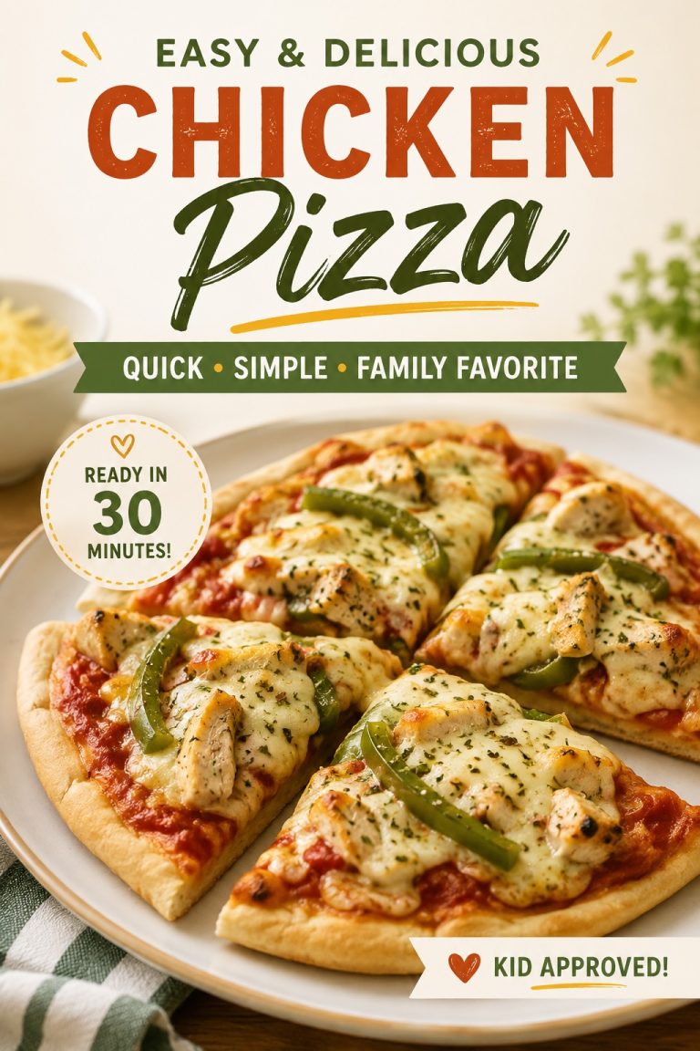 Homemade chicken pizza topped with melted cheese and green peppers for a quick, easy and family-friendly dinner.