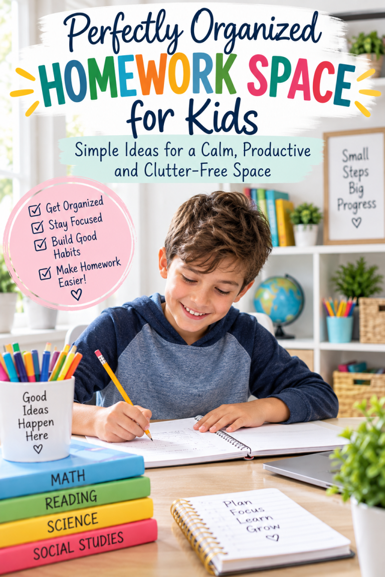 Organized homework space for kids with simple ideas for creating a calm, productive, and clutter-free study area at home.