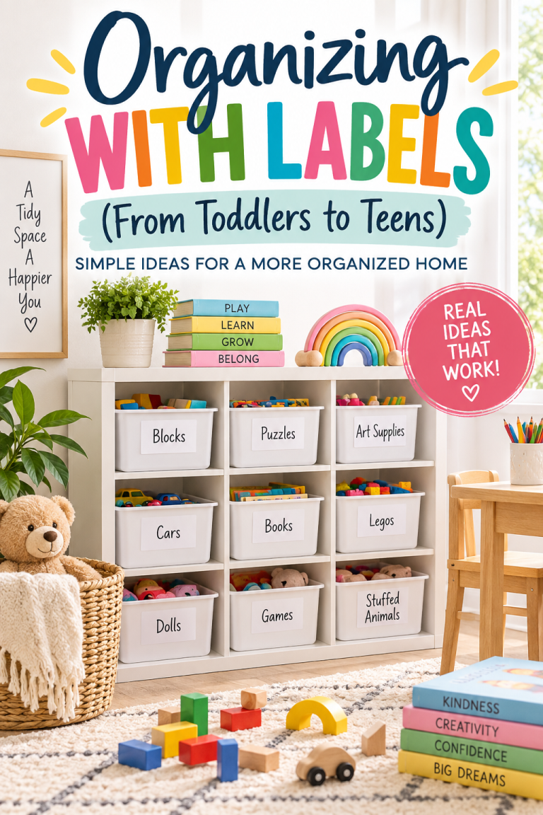 Organizing with labels for kids with simple storage ideas for toys, books, art supplies, games, and other everyday items.