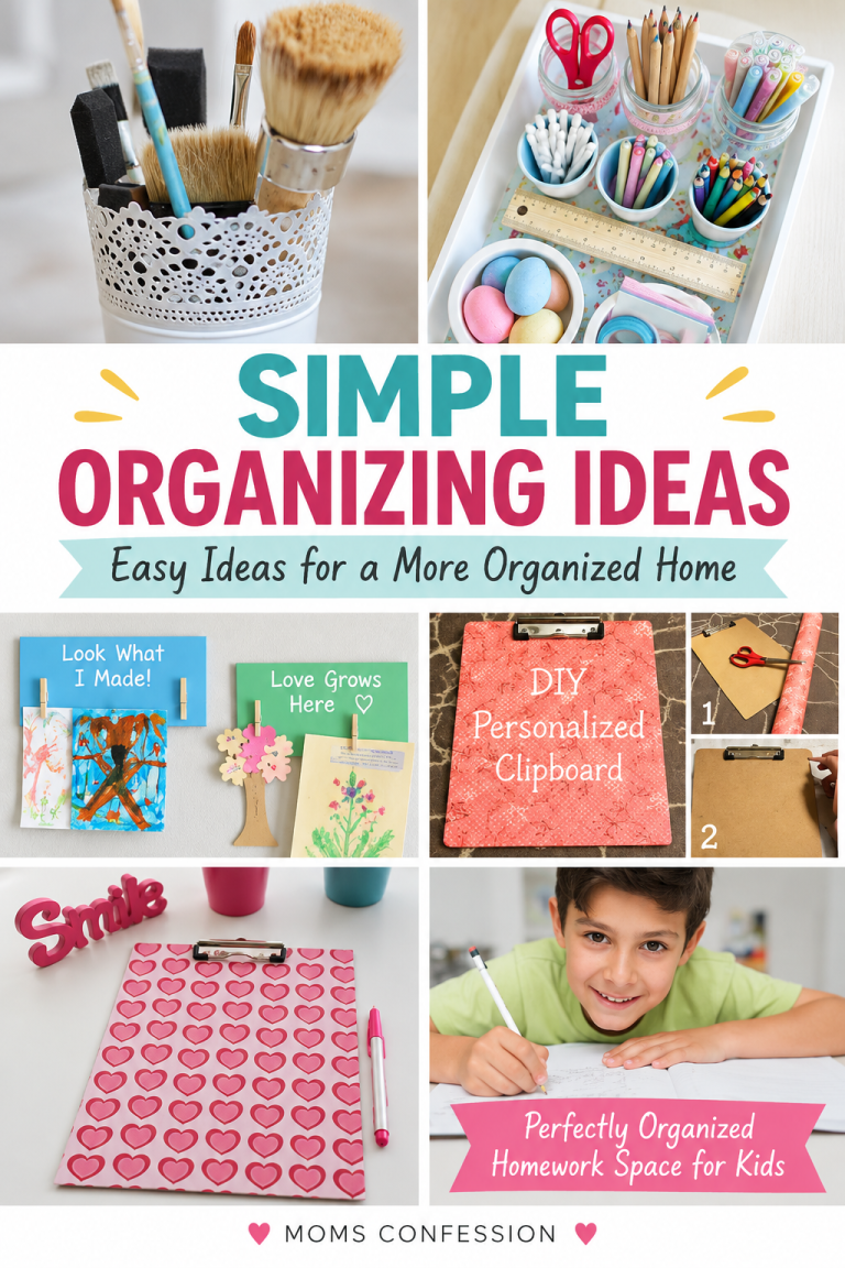 Simple organizing ideas for your home, including craft supplies, kids' artwork, clipboards, and homework organization.