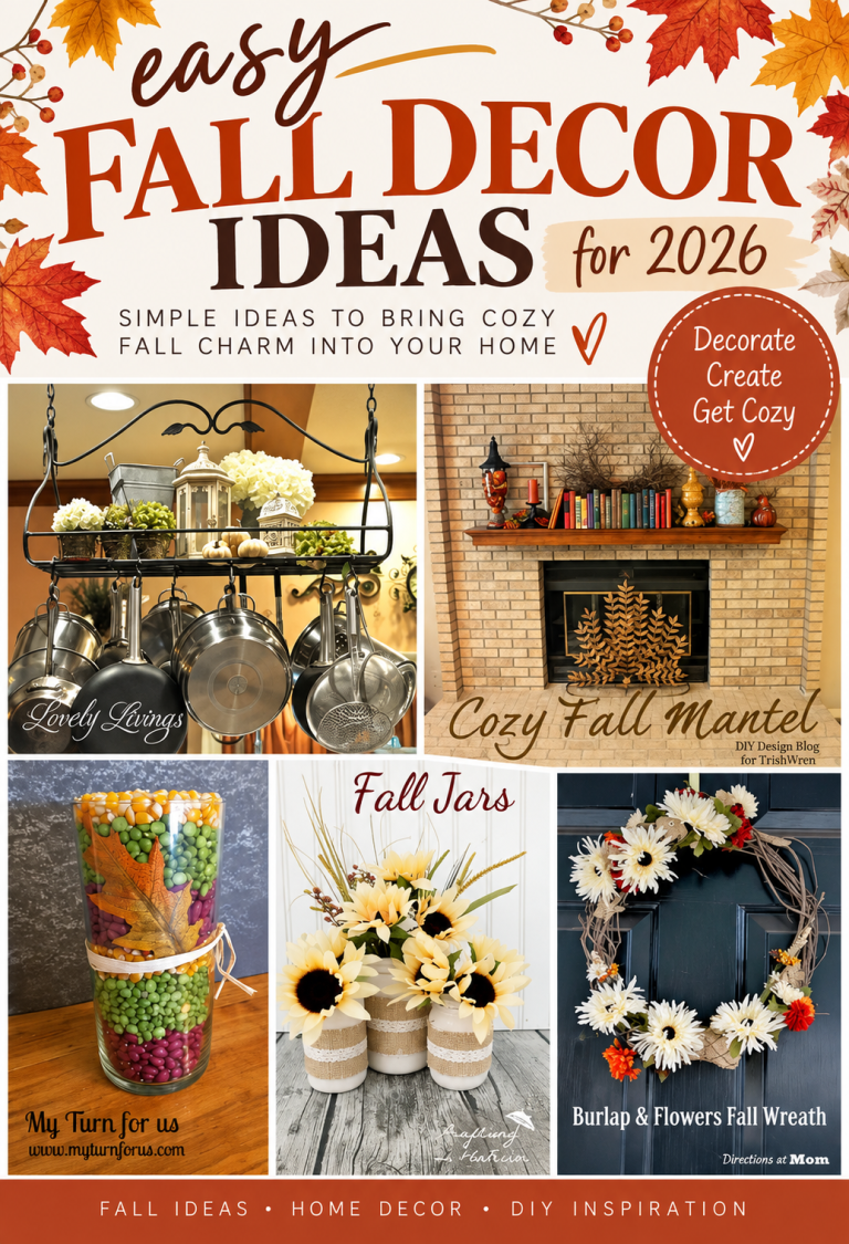 Easy fall decor ideas featuring cozy seasonal decorations, fall crafts, a mantel, wreaths, and simple DIY projects for the home.