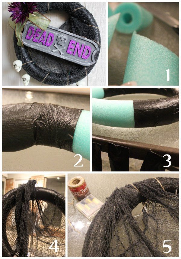 First 5 steps to a perfect Halloween Wreath /></noscript></p>
<p>1. Cut pool noodle at an angle opposite each other to form a circle.</p>
<p>2. Fold over ends of the pool noodle and secure the ends together with duct tape to form a wreath. (This works easier if you have someone help you get started.)</p>
<p>3. Cut about 30 strips of the duct (approximately 6 inches pieces) and wrap around the entire noodle (wreath form).</p>
<p>4. Fold creepy cloth mesh in half and drape it over the wreath form. Gather the ends and tie them together to secure it to the wreath.</p>
<p>5. Place lights in between both sides of the mesh inside the wreath and secure in place by wrapping jute twine around the edges in a diagonal form. Use excess twine to secure battery pack for lights to the top of the wreath on the backside. (Make sure you can get to the on/off switch)</p>
<p style=