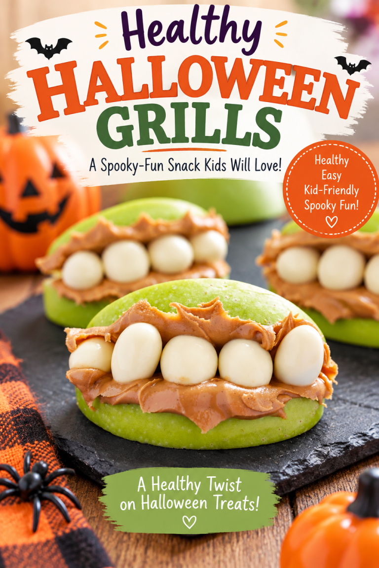 Healthy Halloween grills made with green apples, peanut butter, and yogurt-covered treats for a fun and spooky kid-friendly snack.