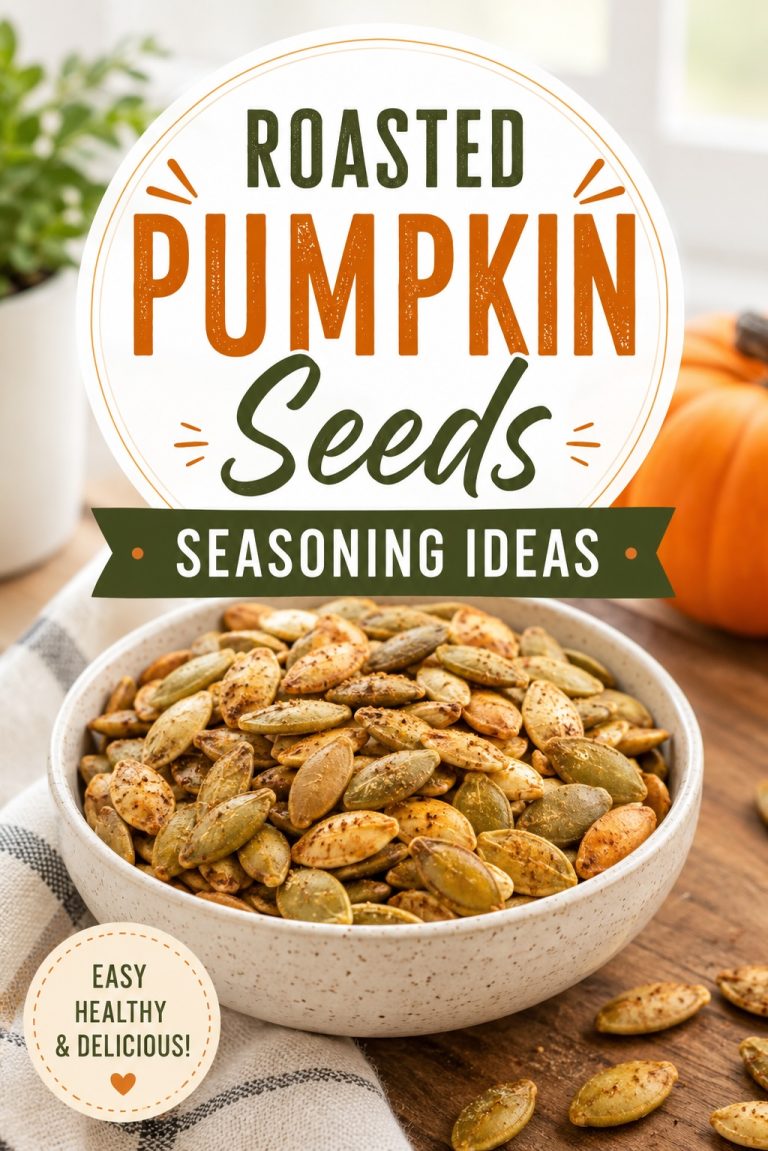 Bowl of crispy roasted pumpkin seeds seasoned with spices for an easy and healthy fall snack.