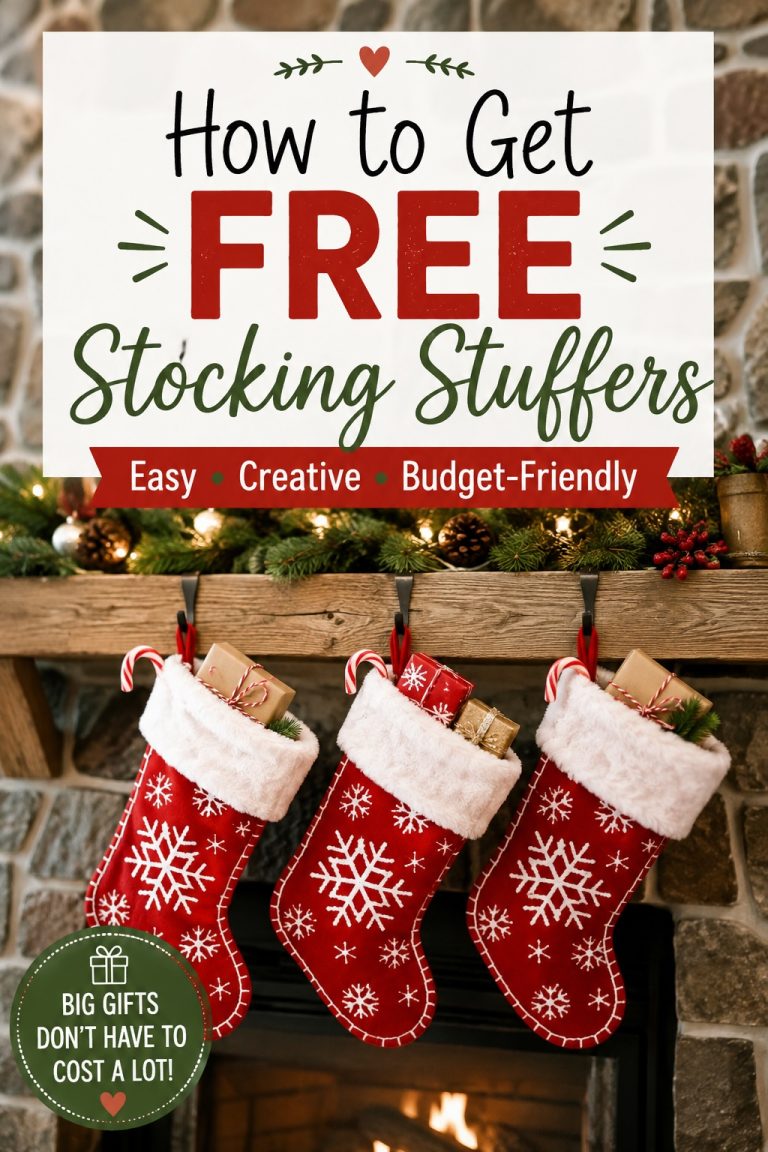 Three Christmas stockings filled with small gifts and candy canes featuring easy, creative and budget-friendly ways to get free stocking stuffers.