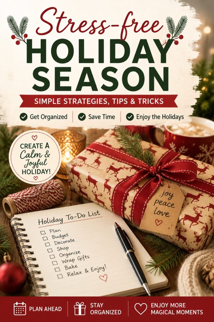Holiday organization setup with Christmas decorations, storage baskets and a checklist featuring simple organizing tips for the holiday season.