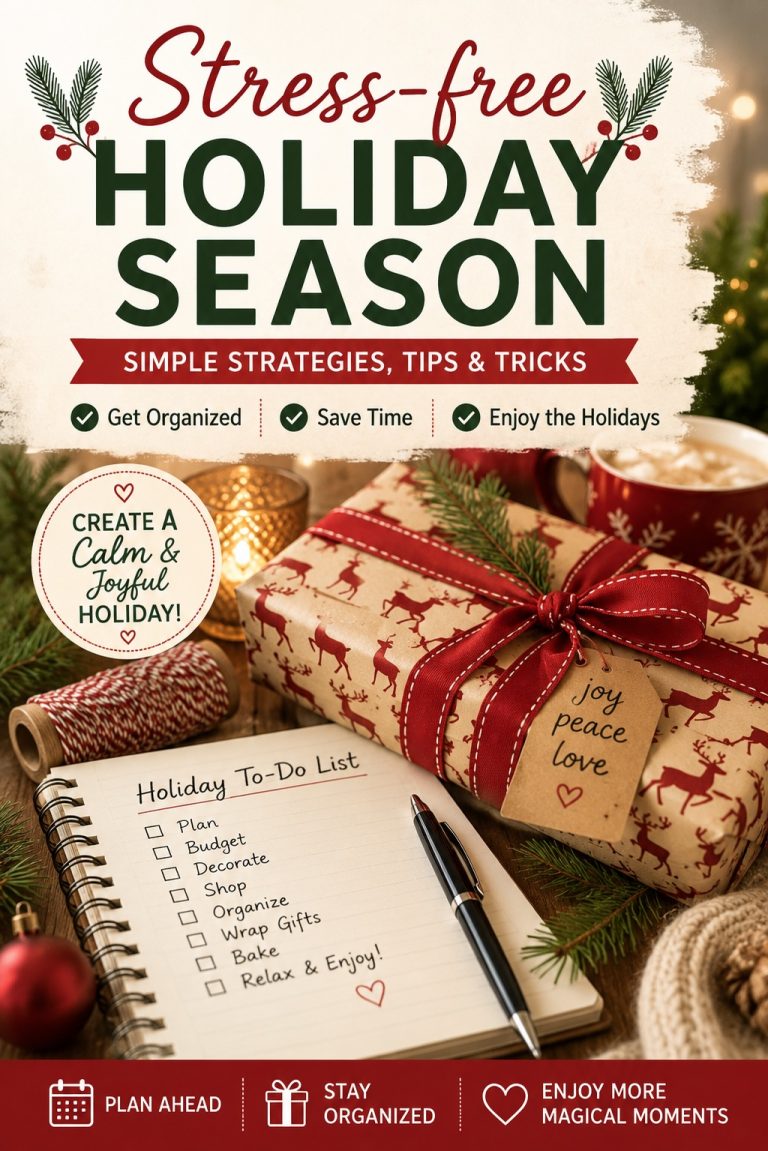 Holiday organization setup with Christmas decorations, storage baskets and a checklist featuring simple organizing tips for the holiday season.