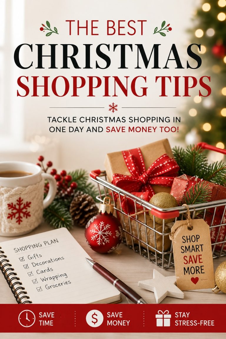 Christmas gifts, shopping cart and holiday shopping list featuring tips to save time and money while Christmas shopping.
