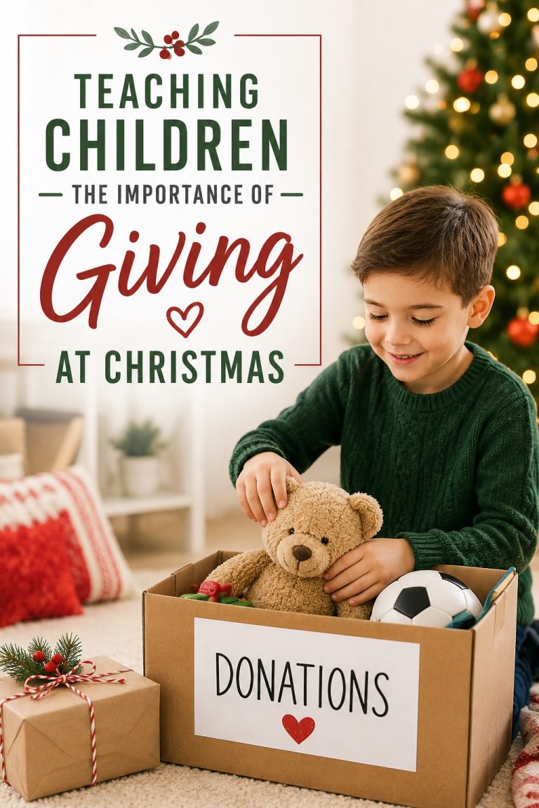 Child placing toys in a donation box near a Christmas tree while learning about giving and helping others during the holidays.