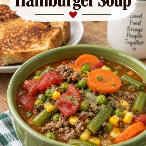 Easy 30 minute hamburger soup made with ground beef, tomatoes, carrots, green beans, peas and corn for a quick family dinner.