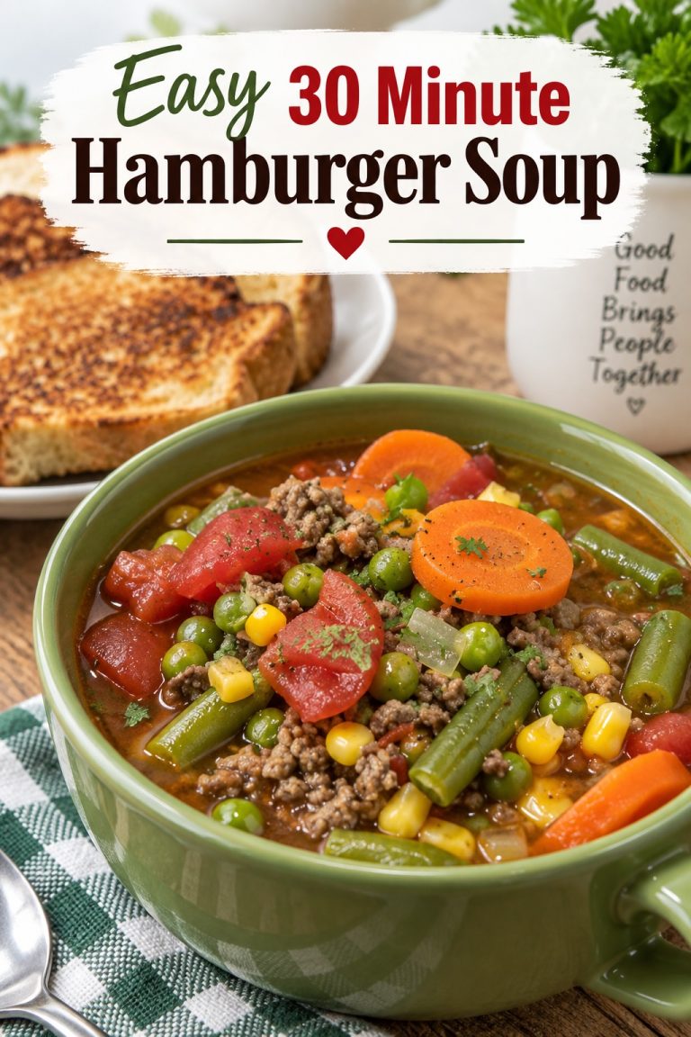 Easy 30 minute hamburger soup made with ground beef, tomatoes, carrots, green beans, peas and corn for a quick family dinner.