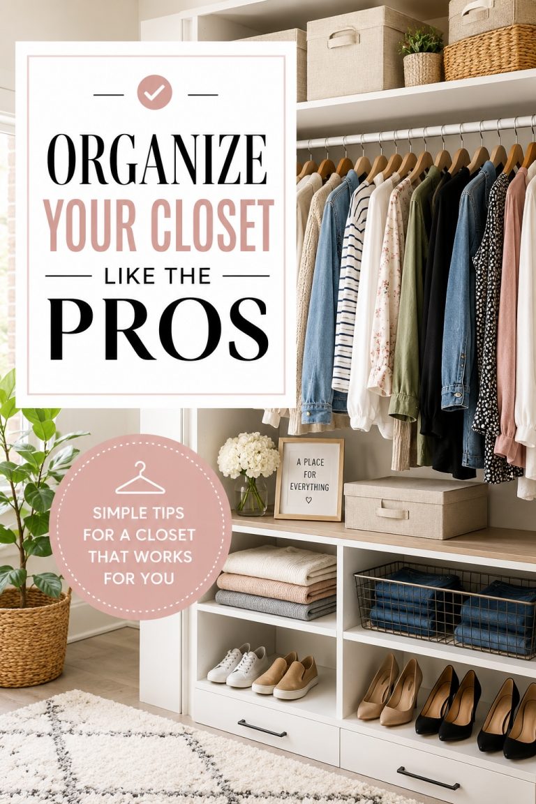 Organized closet with neatly arranged clothes, shoes, storage bins and baskets featuring simple closet organization tips.