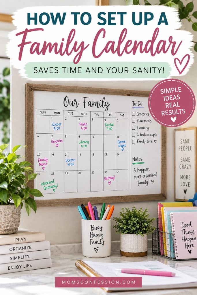 How to set up a family calendar to organize schedules, appointments, meals, activities, and family time.