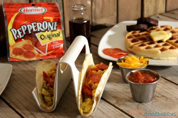 Get the family together and enjoy breakfast for dinner! These Southwest Pepperoni Breakfast Tacos are the perfect treat! 