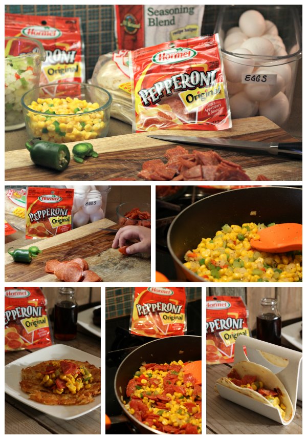 Making southwest pepperoni breakfast tacos and hash browns is easy and they taste delish too!