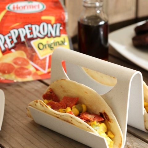 My family has a love love relationship with pepperoni! It’s good on everything including these Southwest Pepperoni Breakfast Tacos! Go ahead and grab a bite