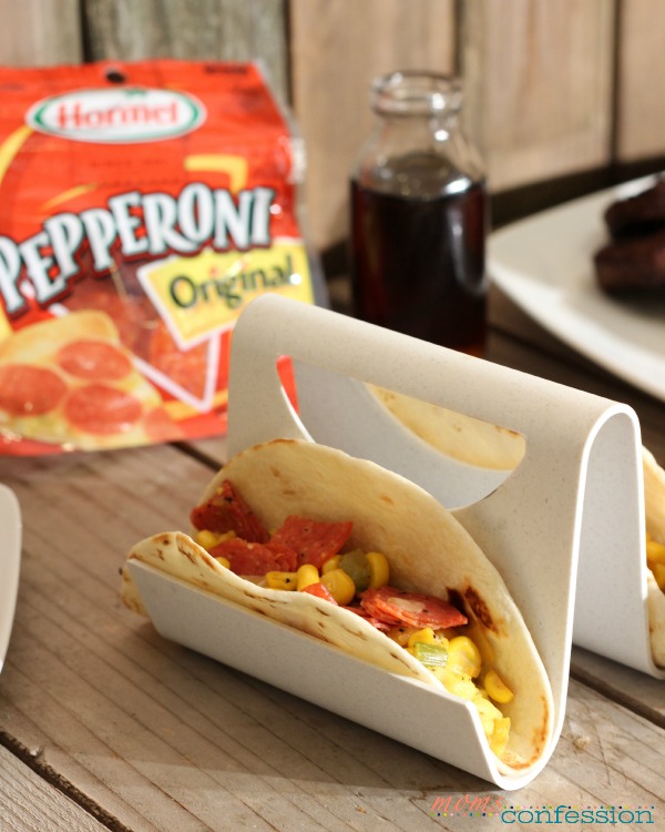 My family has a love love relationship with pepperoni! It’s good on everything including these Southwest Pepperoni Breakfast Tacos! Go ahead and grab a bite