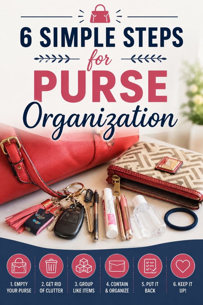 Purse-Organization Purse organization tips showing a handbag, wallet, keys and everyday essentials with six simple steps to declutter and organize your purse.