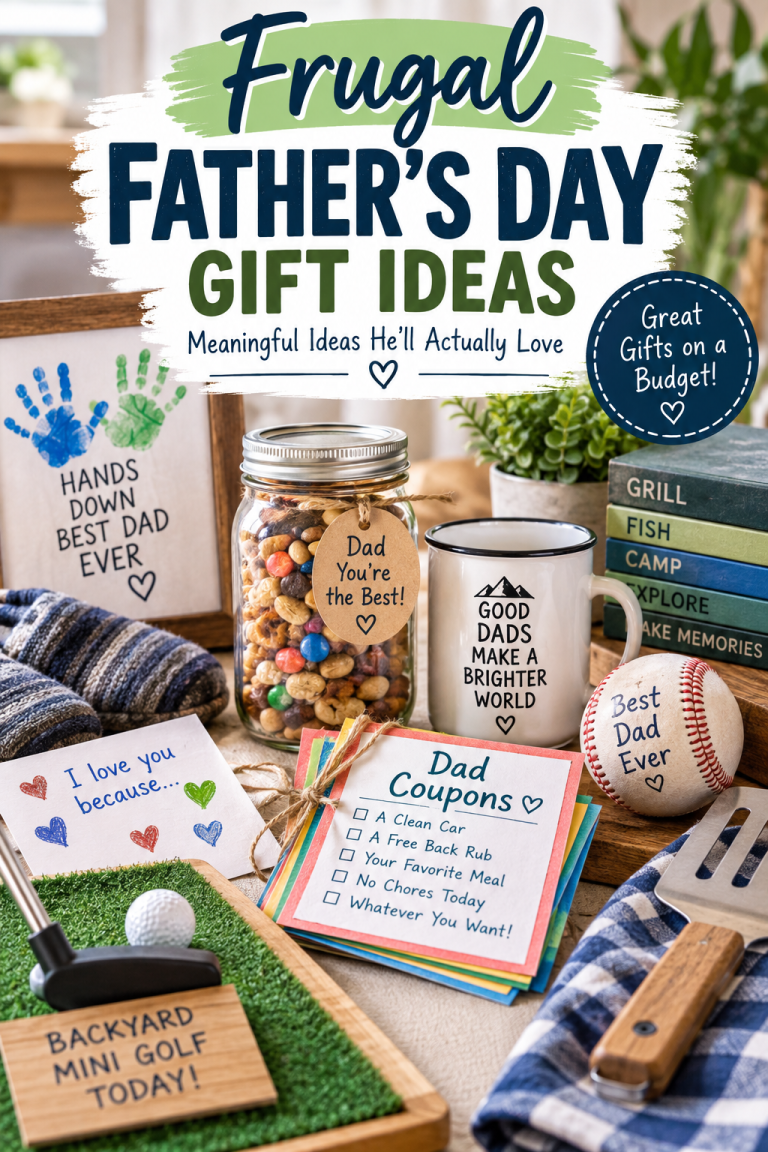 Frugal Father's Day gift ideas including homemade dad coupons, snack jar, mug, baseball, and backyard mini golf.