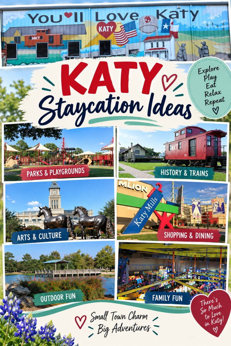Katy Texas staycation ideas featuring parks, playgrounds, history, shopping, dining, outdoor activities, and family fun.