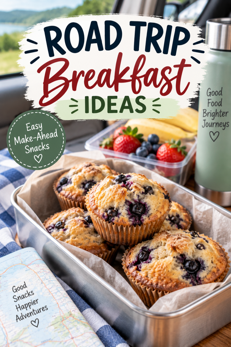 Blueberry muffins and fresh berries packed for easy make-ahead road trip breakfast ideas.